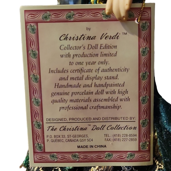 Vtg 05 Christina Verdi Special Edition Collection Porcelain Doll 18" Green Gold - Picture 12 of 14